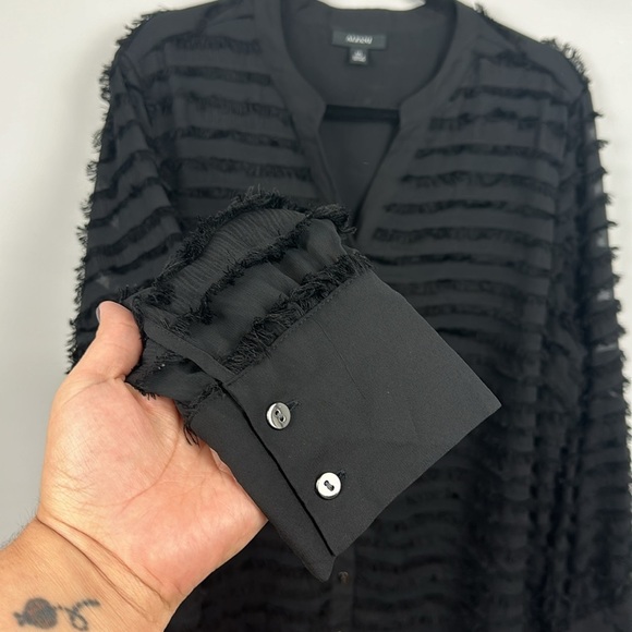 Alfani Fringe-Trim Mandarin Collar Button Up Long Sleeve Blouse Black Sz XXL - Picture 4 of 10